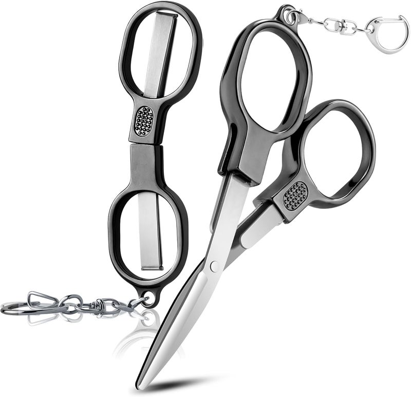 BSADIY 2 Pcs Folding Stainless Steel Portable Mini Travel Scissors, Safety Foldable Pocket Badge Small Scissors All Purpose with 2 Keychain for Travel, Office, Craft, Sewing, Nurse Accessories (Gray Black) - Image 1